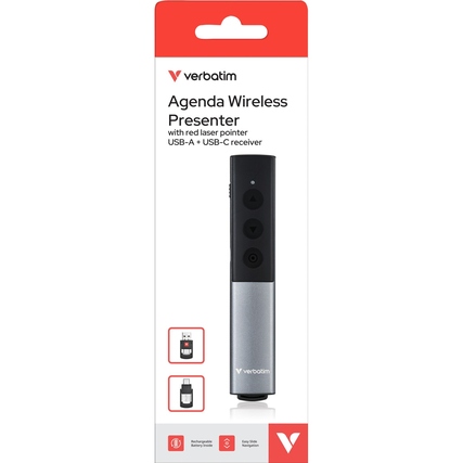 Verbatim Wireless Presenter Agenda 28 x 11 x 144 mm (B x H x L) Windows®, Mac, Android universell 100m inkl.inkl. USB-A Empfänger, USB-A/USB-C-Adapter, USB-A/USB-C Ladekabel schwarz/grau