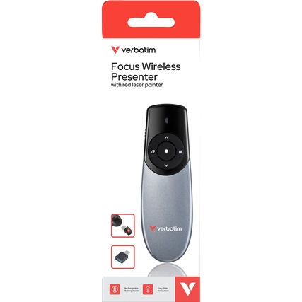 Verbatim Wireless Presenter Focus 38 x 26 x 117 mm (B x H x L) Windows®, Mac, iOS, Android, Linux universell 30m inkl. USB-A Empfänger, USB-A/USB-C-Adapter, USB-A/USB-C Ladekabel, Schutzhülle schwarz