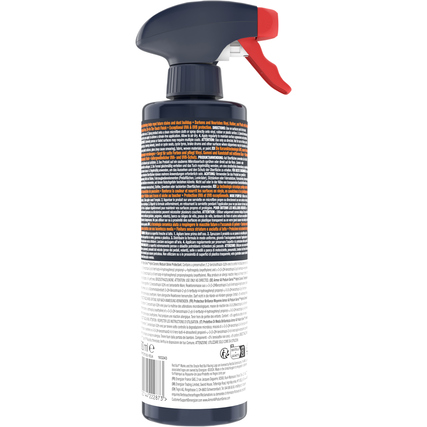 Rückansicht einer Sprühflasche mit Produktinformationen und Anwendungshinweisen.