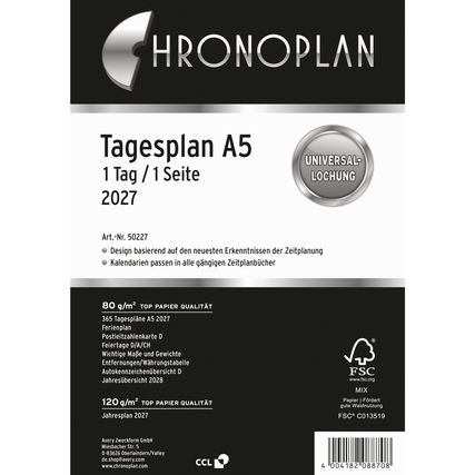 Chronoplan Einlage Kalender 2027 DIN A5 1 Tag/1 Seite Anordnung in Zeilen, Jahresplan, Ferienplan, Feiertage, Jahresübersicht Folgejahr
