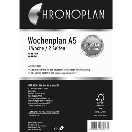 Chronoplan Einlage Kalender 2027 DIN A5 1 Woche/1 Seite Anordnung in Spalten, Ferienplan, Feiertage,Jahresplan, Jahresübersicht Folgejahr