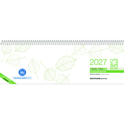 ZETTLER Querkalender 2027 1 Woche/1 Seite Karton, 100 % recycelt grau/grün