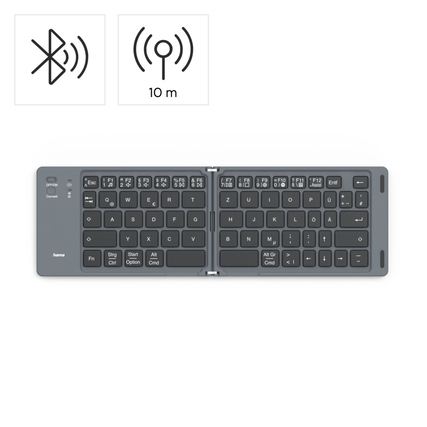 Hama Tastatur Travel 450 QWERTZ Windows® 10, MacOS 11, Android 8.0, iOS 14 10m inkl. USB-Ladekabel (USB-A/USB-C), Adapter (USB-C/USB-A), Kabelmanager schwarz