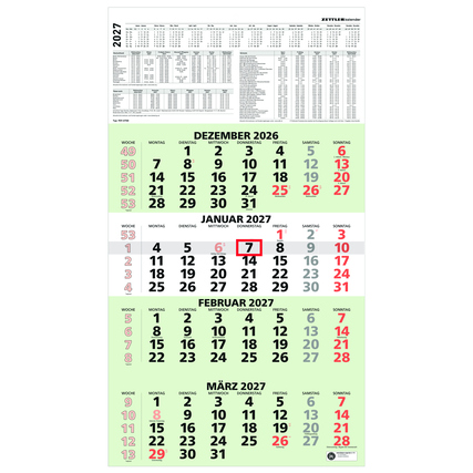 ZETTLER Wandkalender 33 x 58,5 cm (B x H) 2027 schwarz/rot/grün