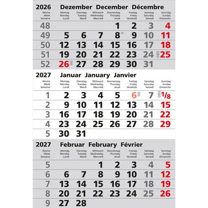 GÜSS® Ersatzeinlage Aufstellkalender 2027 Monatsplan 3 Monate/1 Seite schwarz/rot