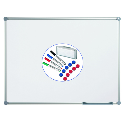 MAUL Whiteboard MAULpro Maße der Oberfläche: 90 x 60 cm (B x H) Tafel magnethaftend nicht beidseitig beschreibbar inkl. 1 x magnethaftender Tafelwischer, 4 x Marker XL (schwarz, rot, grün, blau), 10 x Facetterand-Magnete Ø 30 mm (5 x rot, 5 x blau) Stahl