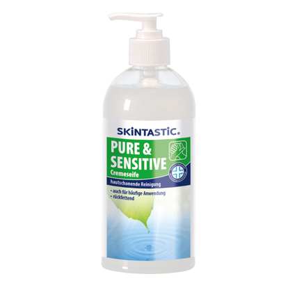 Skintastic Flüssigseife Pure & Sensitive dermatologisch getestet biologisch abbaubar pH-Wert: 4,6-5 Ausführung des Behälters: Pumpflasche Material des Behälters: Kunststoff 0,5l