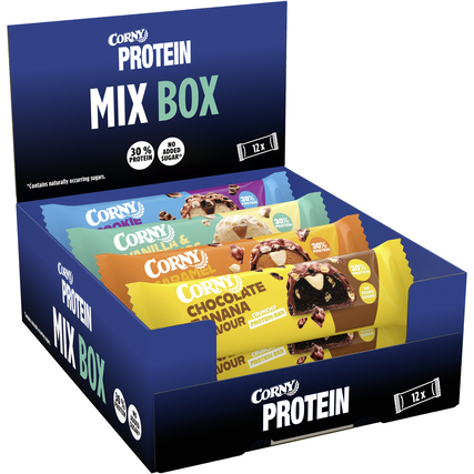 Corny Proteinriegel Crunchy Mix Cookie Dough, Chocolate Banana, Caramel Peanut, Vanilla & White Choc, Double Chocolate ohne Zucker 12 x 45 g/Pack.