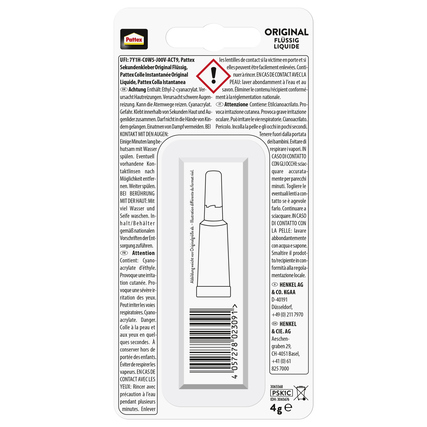 Pattex Sekundenkleber Original Gummi, Holz, Metall, Leder, Porzellan, Pappe, Kunststoff Dosierspitze 4g