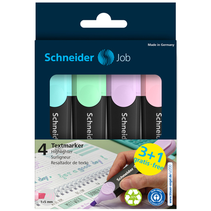 Schneider Textmarker Job Pastell 1-5mm farbig sortiert Keilspitze 4 St./Pack.