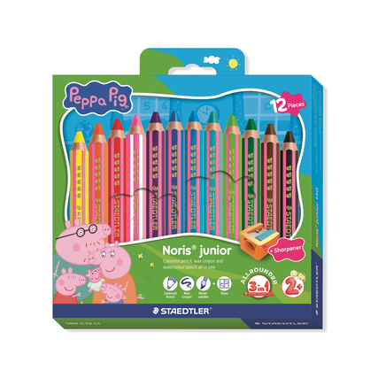 STAEDTLER® Buntstift Noris® junior 140 Peppa Pig inkl. Spitzer *12 St./Pack.* sunny yellow, peppa pig red, granny pig pink, george blue, blue sky, daddy pig turquoise, mummy pig orange, green tree, green grass, grandpa pig purple, muddy puddle brown, black night Produktbild pa_produktabbildung_1 XL