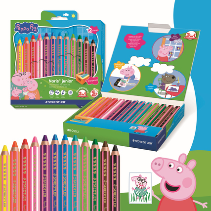 STAEDTLER® Buntstift Noris® junior 140 Peppa Pig inkl. Spitzer *12 St./Pack.* sunny yellow, peppa pig red, granny pig pink, george blue, blue sky, daddy pig turquoise, mummy pig orange, green tree, green grass, grandpa pig purple, muddy puddle brown, black night Produktbild pa_produktabbildung_2 XL