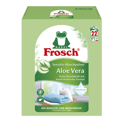 Frosch Waschmittel Aloe Vera Sensitiv Weißwäsche, Buntwäsche +30 bis +95°C parfümiert pH-Wert: 10,1 1,45 kg/Pack.