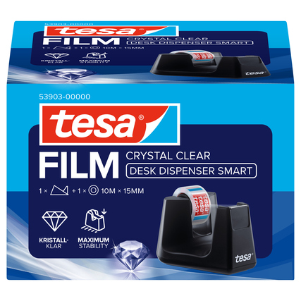 tesa® Tischabroller CRYSTAL CLEAR SMART 19 mm x 33 m (B x L) inkl. 1 Rolle tesafilm® CRYSTAL CLEAR, 15 mm x 10 m (B x L) ohne Lösungsmittel schwarz