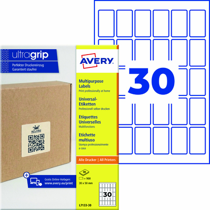 Avery Zweckform Universaletikett ultragrip 30 x 50 mm (B x H) nicht wieder ablösbar Papier weiß 900 Etik./Pack.