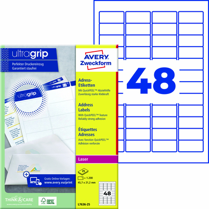 Avery Zweckform Adressetikett ultragrip 45,7 x 21,2 mm (B x H) Papier weiß 1.200 Etik./Pack.