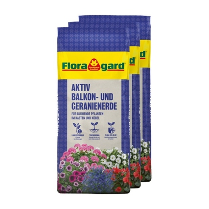 Floragard Blumenerde Geranien, Balkonpflanzen 3 x 18 l/Pack.