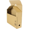 Kartonarchivbox mit aufgesetztem Deckel, seitlichem Eingriff und Adressfeld.