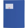 Blauer Schnellhefter mit Abheftvorrichtung und einem Beschriftungsfeld auf der Vorderseite.