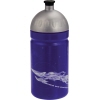 Blaue Trinkflasche mit silbernem Deckel und Raumfahrtmotiv.