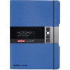 Blaues Notizheft im DIN A4 Format mit flexiblem Cover und Gummibandverschluss.