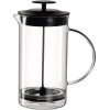 Kaffeebereiter aus Glas mit schwarzem Deckel und Filter, für die Zubereitung von Kaffee.