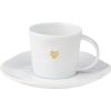Weißer Espressotasse mit goldfarbenem Herzsymbol auf der Vorderseite und passendem Unterteller.