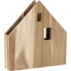 Holzserviettenhalter in Form eines Hauses mit Fensteröffnungen, seitliche Ansicht.