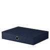Navyfarbene Schubladenbox mit rundem Griffloch und Metallring für einfache Handhabung.