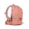Seitenansicht eines rosa Schulrucksacks mit vielen Fächern und Lederapplikationen.