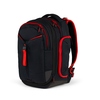 Schwarzer Schulrucksack mit roten Akzenten, seitlicher Fronttasche und ergonomischem Tragesystem.