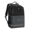 Schwarzer Notebookrucksack mit Reflektorstreifen und gepolsterten Schulterriemen.