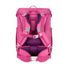 Rückansicht eines pinken Schulranzens mit ergonomischen Tragegurten und Polstern.