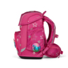 Rosa Schulranzen mit Sternenmotiv, Seitenansicht, seitlichen Netztaschen und Klettfläche.