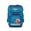 Blauer ergobag Schulranzen mit bunten Punkten und einem Pferdesymbol auf der Vorderseite.