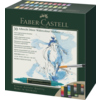 Farbige Verpackung mit 30 Faber-Castell Aquarellmarkern und durchsichtiger Bleistiftzeichnung.