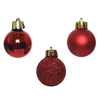 Drei weihnachtsrote Christbaumkugeln in verschiedenen Oberflächen, glänzend, matt und glitzernd.