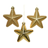 Drei goldene Sterne aus Christbaumschmuck in unterschiedlichen Oberflächen und Formen.