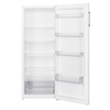 Weißer Kühlschrank mit offenem Tür, mehreren Ablageflächen und Gemüsefach.