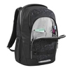 Schulrucksack in Schwarz mit mehreren Fächern und Organizer, Rückansicht des Produkts.