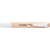 Beige Textmarker mit weißem Gehäuse und markanter Aufschrift auf der Seite.
