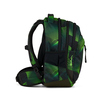 Schulrucksack in grün-schwarzem Design, seitlich mit ergonomischem Tragesystem abgebildet.