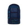 Blau gemusterter Schulrucksack mit zwei Hauptfächern und verstellbaren Gurten.