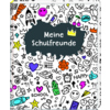 Buntes Freundebuch mit dem Titel "Meine Schulfreunde" und diversen Zeichnungen auf dem Cover.