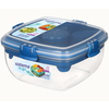 Durchsichtige Lunchbox mit blauen Clips und Fächern für Salat und Dressing, inklusive Besteck.