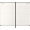 Offene Doppelseite eines schwarzen Moleskine Buchkalenders mit Datumsangaben und Linien.