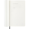 Offene Seite eines schwarzen Moleskine Buchkalenders mit einer Rückgabeseite im Innenformat.