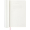 Offene Seitenansicht eines scharlachroten Moleskine Buchkalenders mit linierter Rückseite.