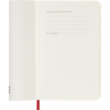 Offene Innenseite eines scharlachroten Moleskine Buchkalenders mit Platz für Kontaktdaten.