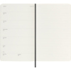 Doppelseite eines schwarzen Moleskine Buchkalenders mit Wochenterminen und linierter Seite.